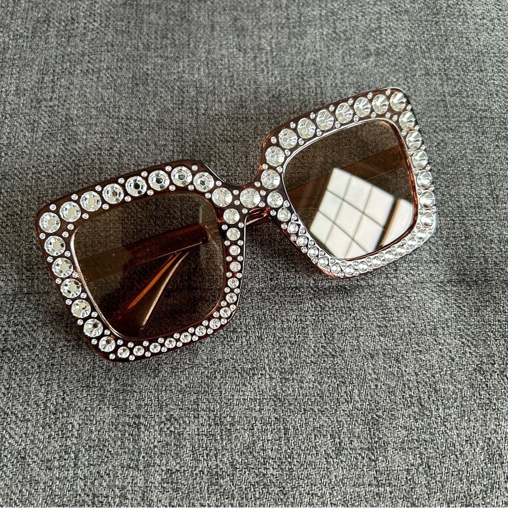 Sparkly, Fluted Rhinestone Rimmed Sunglasses, Brown, Silver